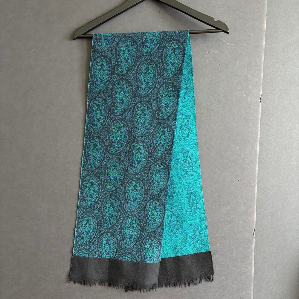 VTG Blue Green Paisley 100% Wool Woven Scarf